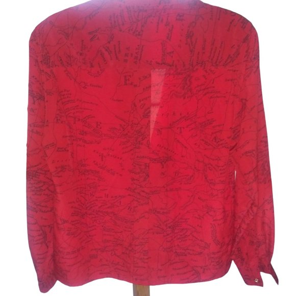 Vintage JONES NEW YORK Red/Black Pleated Map of Magellan Secretary Blouse S 10 - Picture 4 of 10